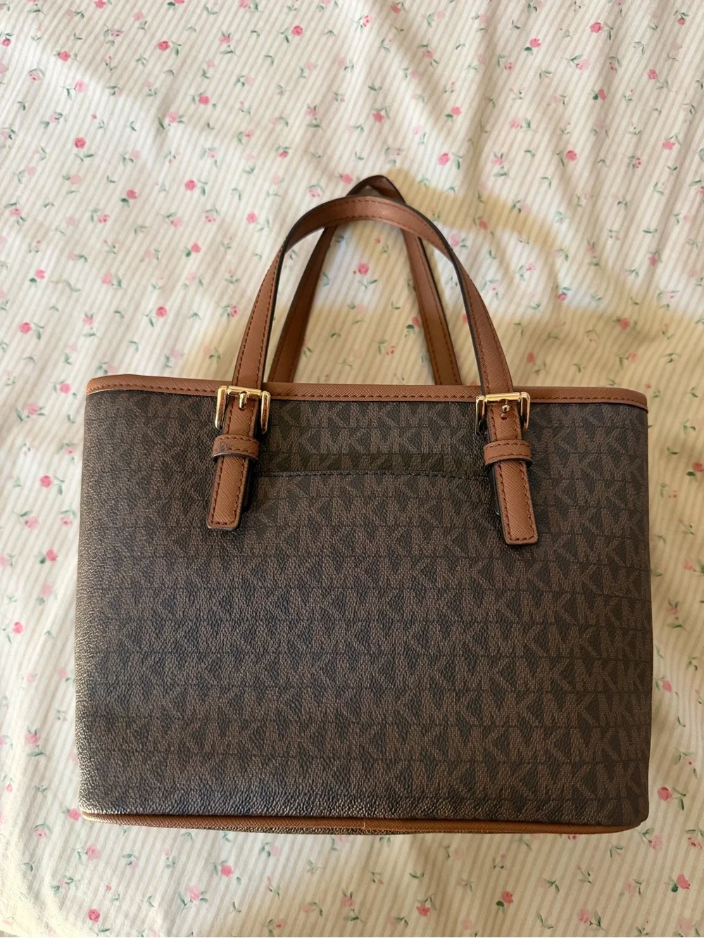 Michael Kors Brown Logo Satchel with Tan Trim and Gold Hardware